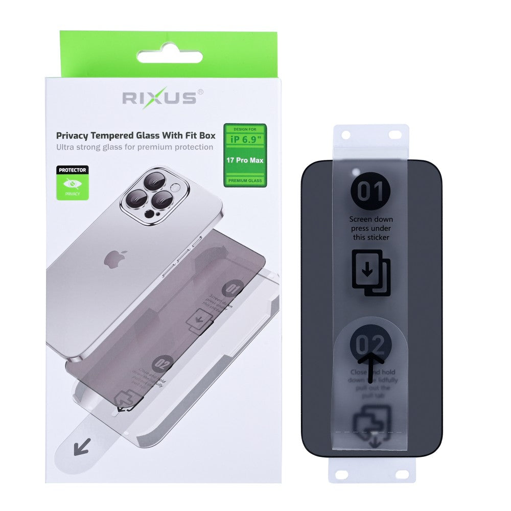 Rixus Privacy Tempered Glass mit Fit Box für iPhone 17 Pro Max