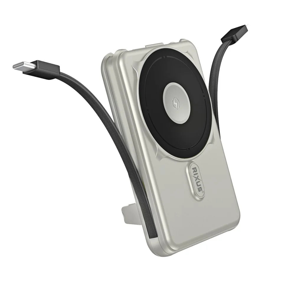 Rixus MagSafe Powerbank 10.000 mAh mit integriertem Kabel – Silber