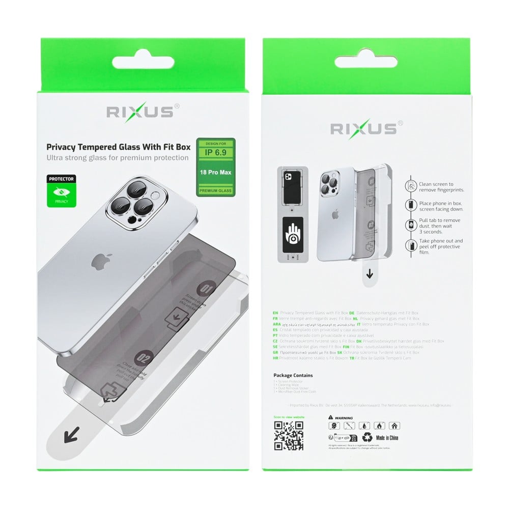 Detailansicht 1 – Rixus Privacy Tempered Glass mit Fit Box für iPhone 18 Pro Max