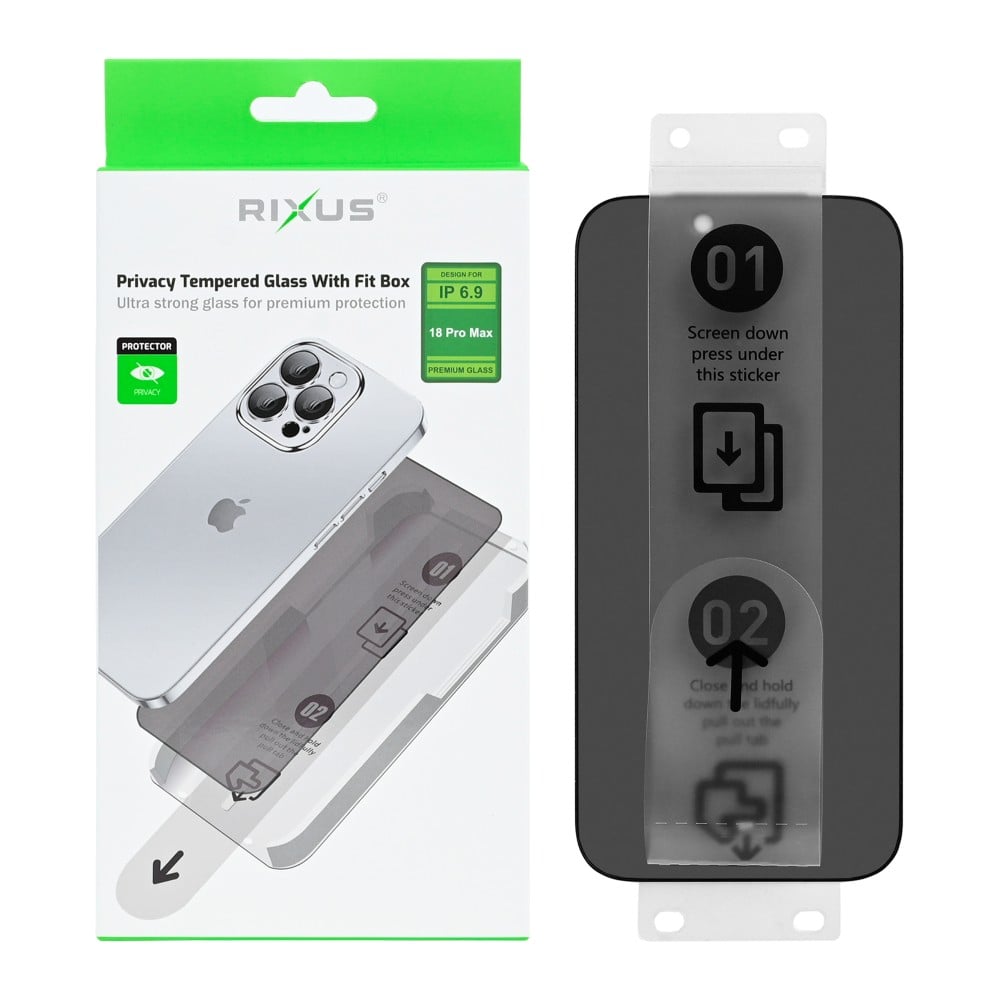Rixus Privacy Tempered Glass mit Fit Box für Apple iPhone 18 Pro Max